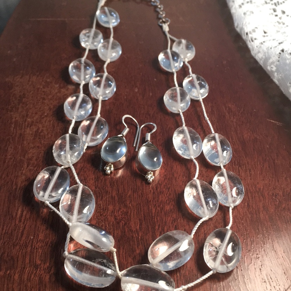 Clear beaded double strand necklace and earrings